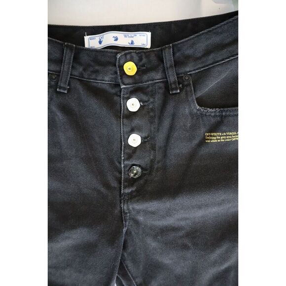 Off-White Women's Sz 26 Black Slogan-Print Straight High-Rise Denim Jeans - Picture 2 of 9
